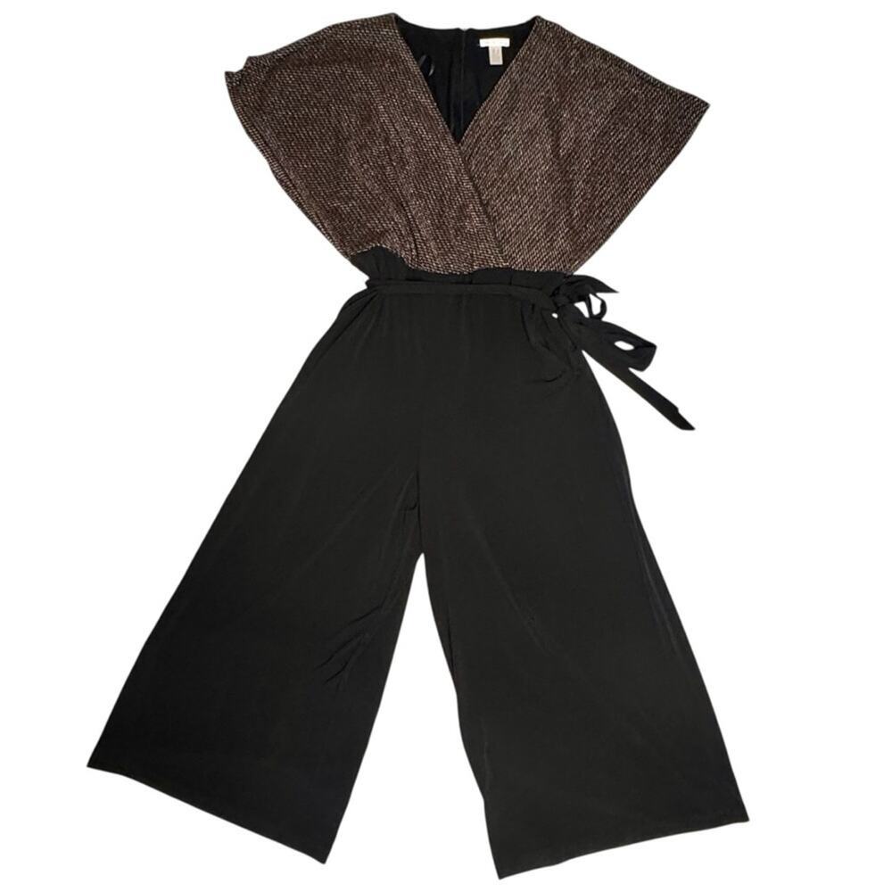 NWT 14 London Times Metallic Black Gold Wide Leg Jumpsuit Holiday Party Batwing